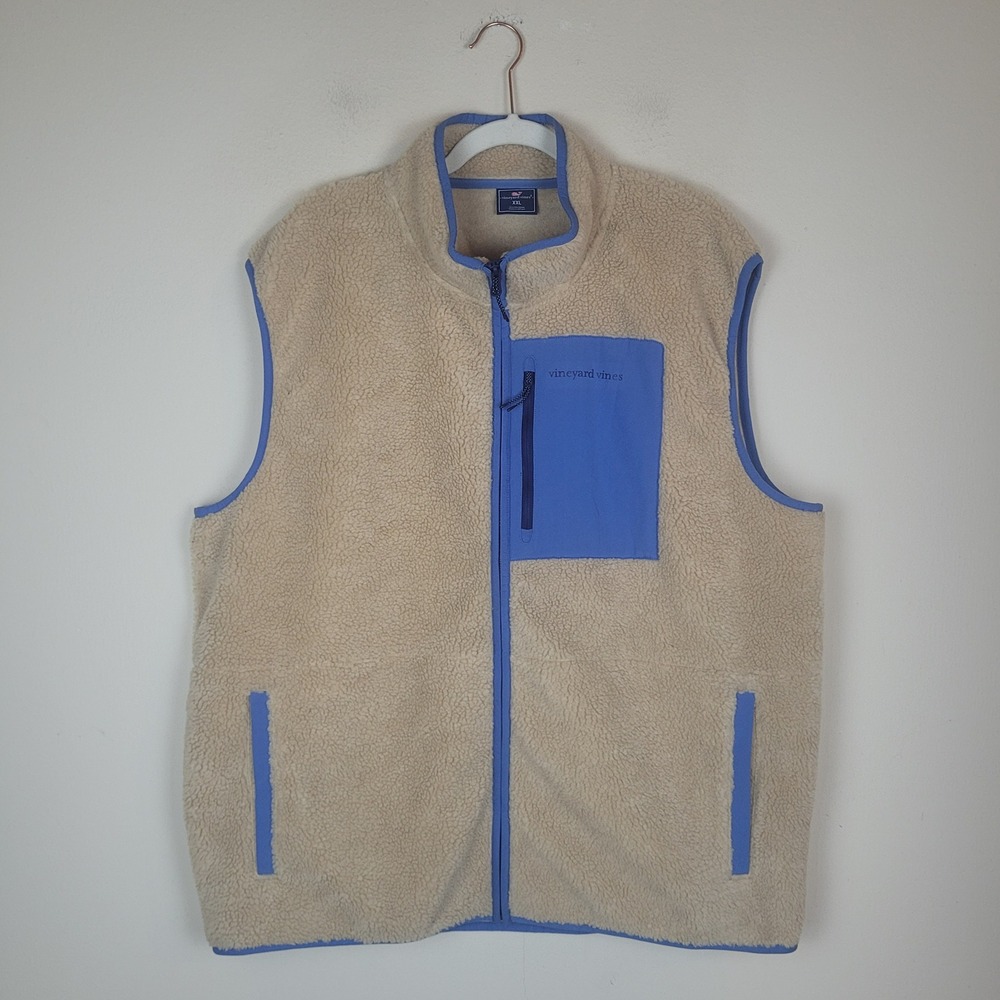 Vineyard Vines Vest XXL Tan Sherpa Fleece Zip Blue Trim Pockets Utility NEW